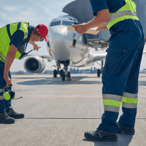 Airport workers examining airplane
